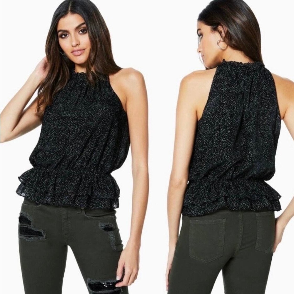 Ramy Brook Bobbi Top Women Medium Black Printed Dot Silk Burnout Halter Peplum